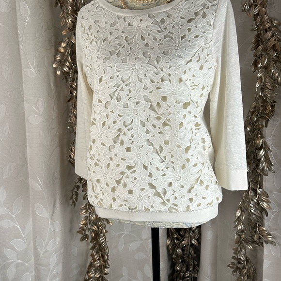 Loft Women’s Medium Ivory Lace Crochet Front 3/4 Sleeve Pullover Top Boho Casual - Picture 6 of 9